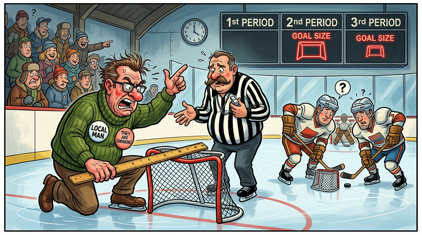 Hockey Goals Shrinking Two Inches Every Period Says Local Man